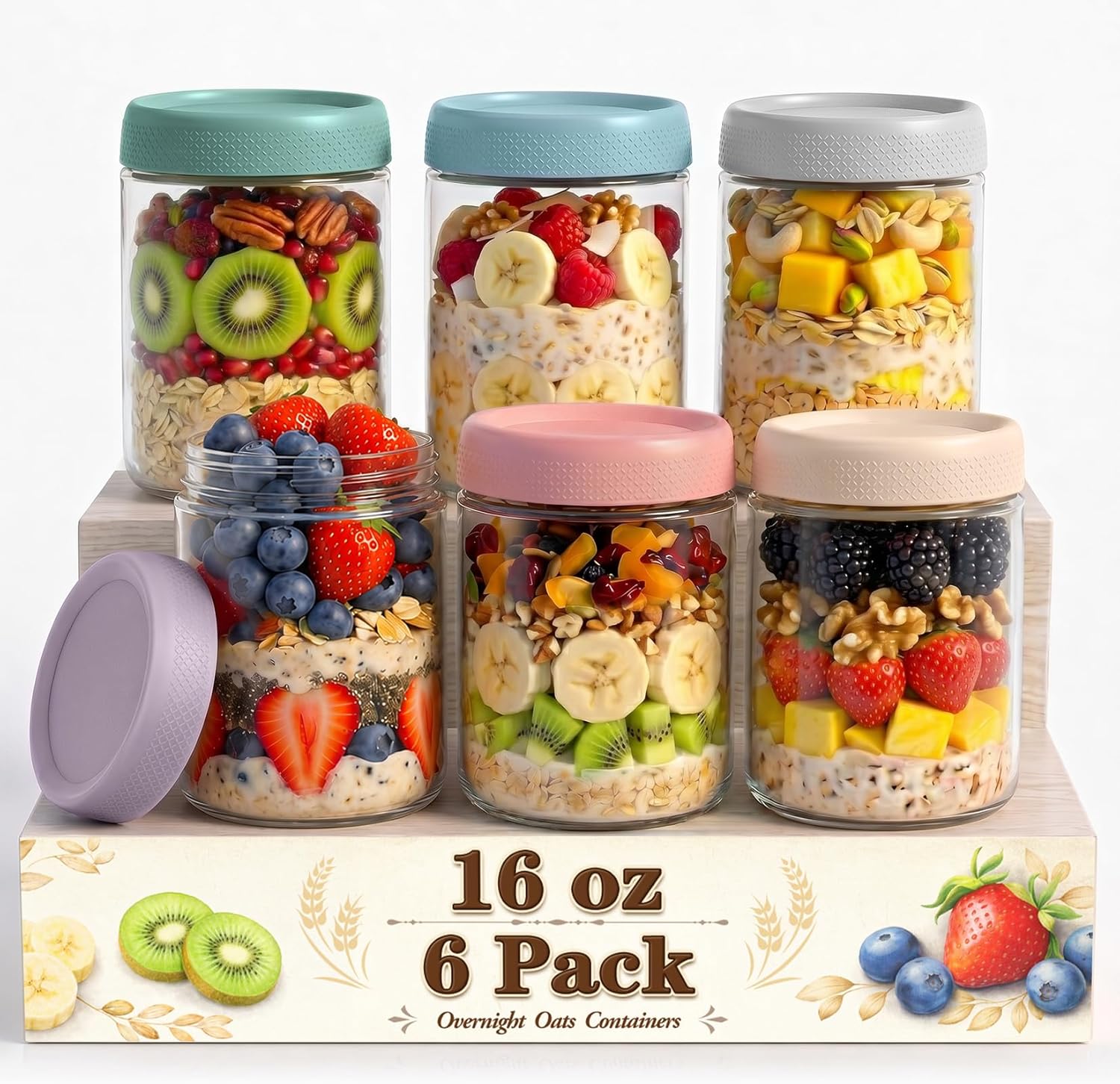 Meal Prep Overnight Oats - 6 Pack 16oz Overnight Oats Containers
